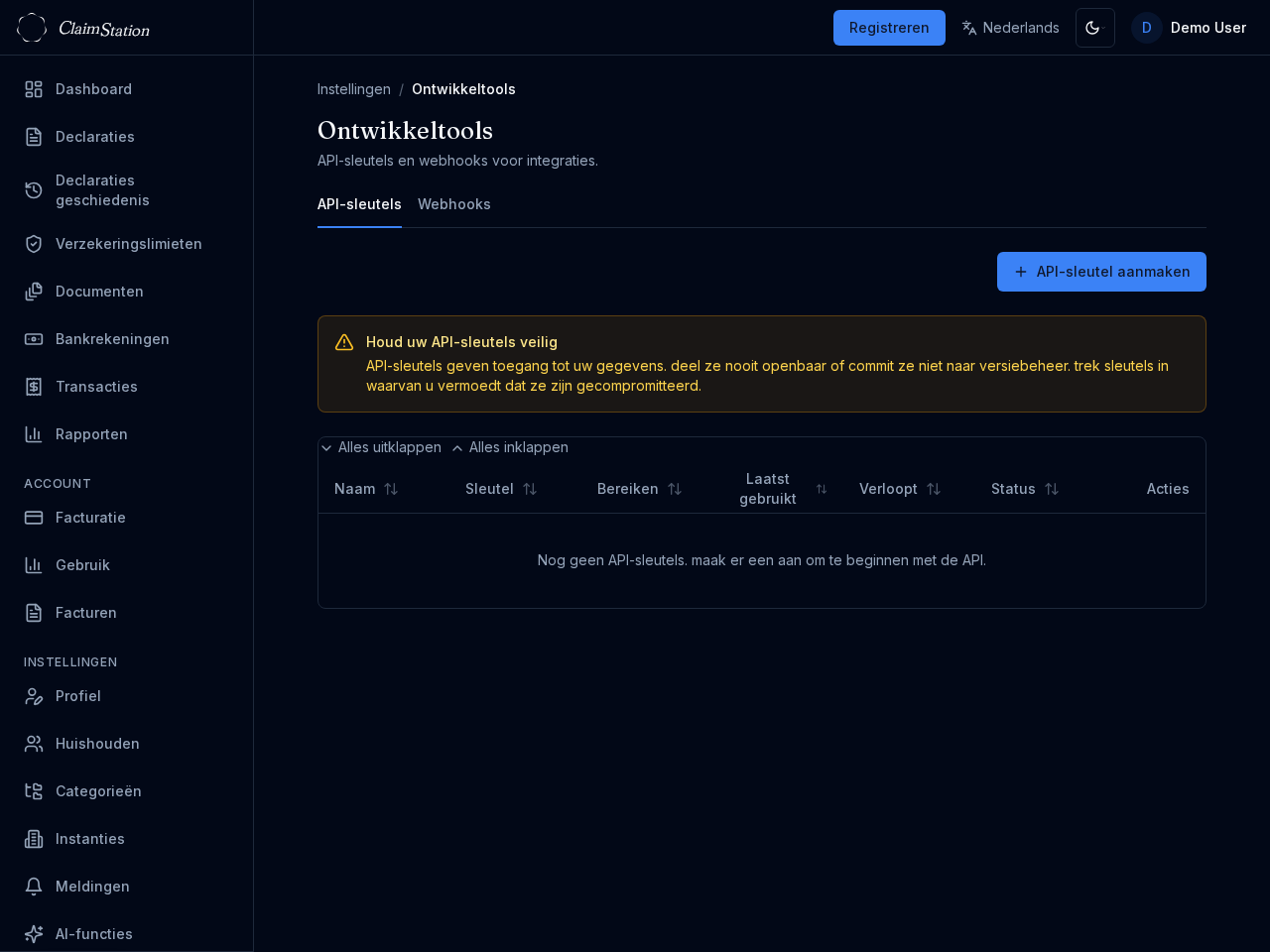 ClaimStation Settings Dev Tools API Keys